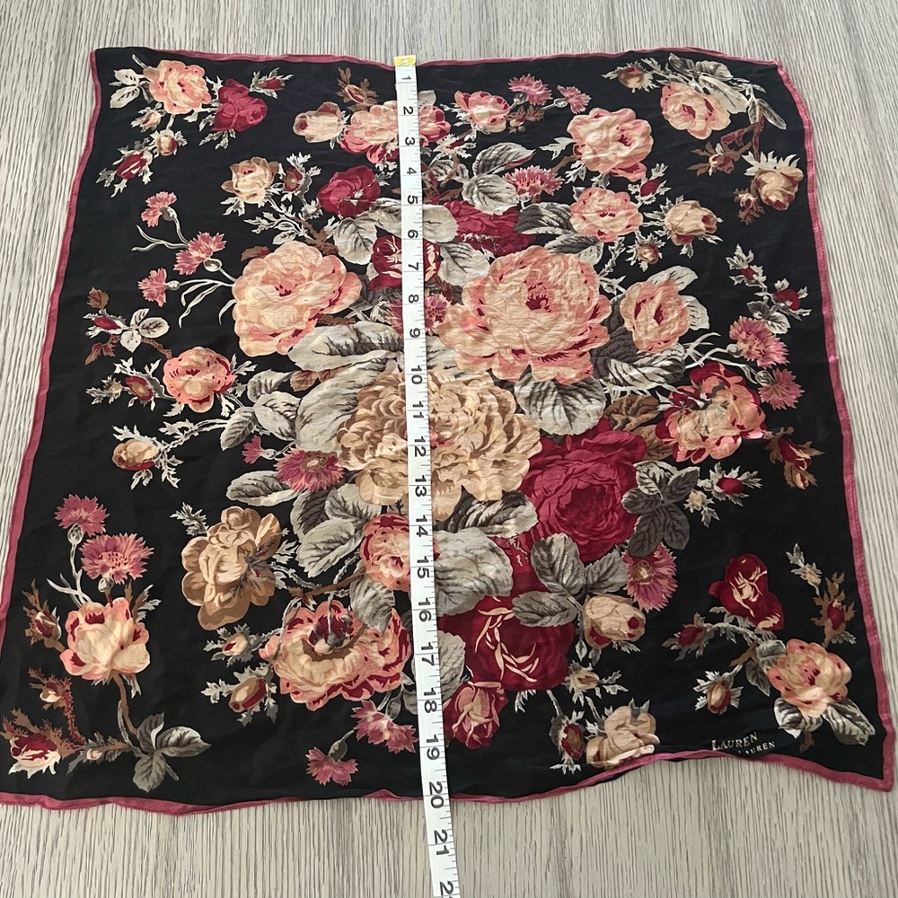 Ralph Lauren Black Floral Silk Scarf with Pink, Cream and Red Roses - Picture 6 of 10